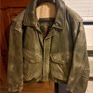 Men's Green Distressed Leather Bomber Jacket